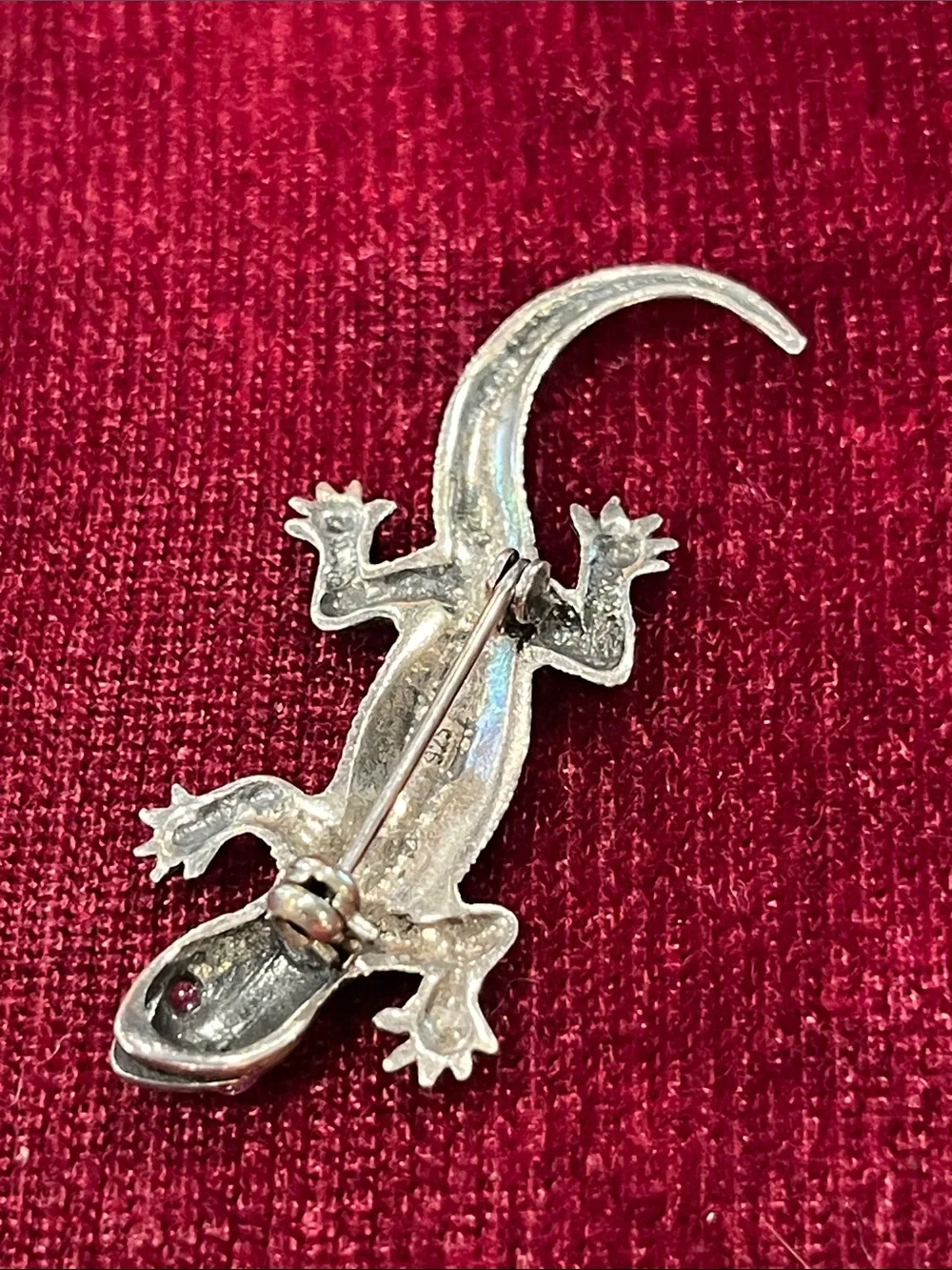 Vintage Silver Lizard Reptile Brooch Pin with Pink Gem Eyes